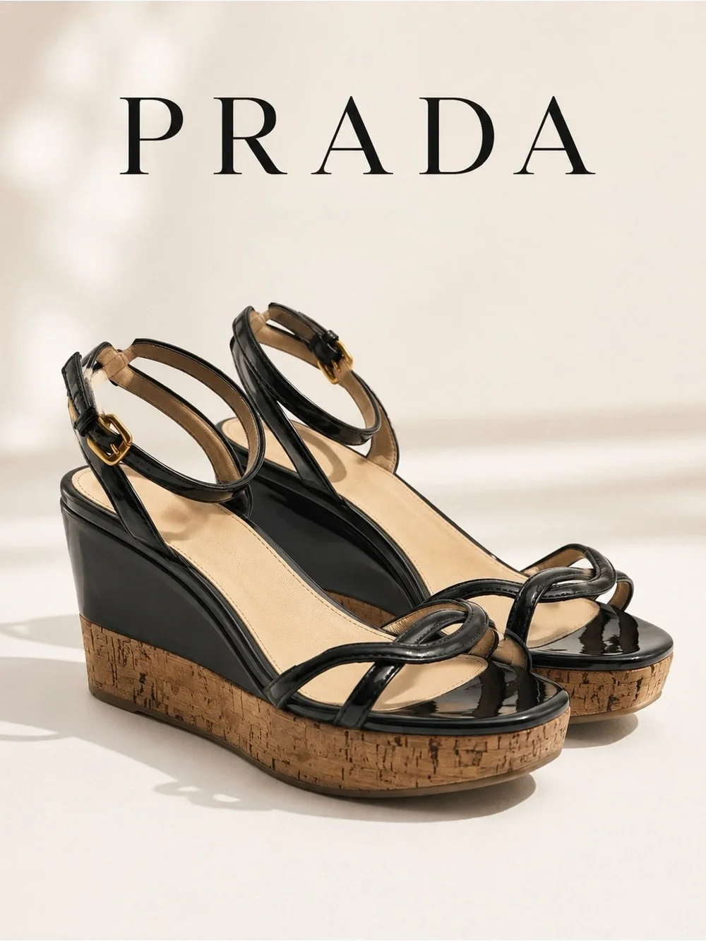 Prada Patent Leather Cork Platform Wedge Sandals